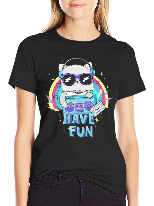 Cool Cat Boombox Graphic T-Shirt - Black Cotton Tee