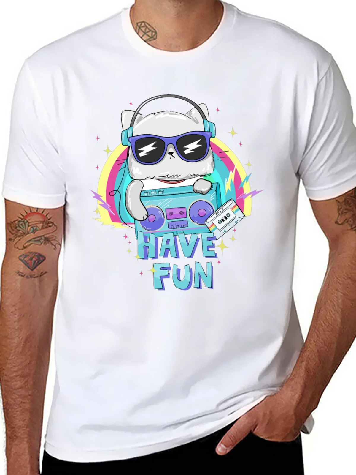 Cool Cat Boombox Graphic T-Shirt - Black Cotton Tee